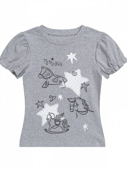Gray Puff Sleeve Crew Neck Top with Rocking Horse Print - Languid Park
