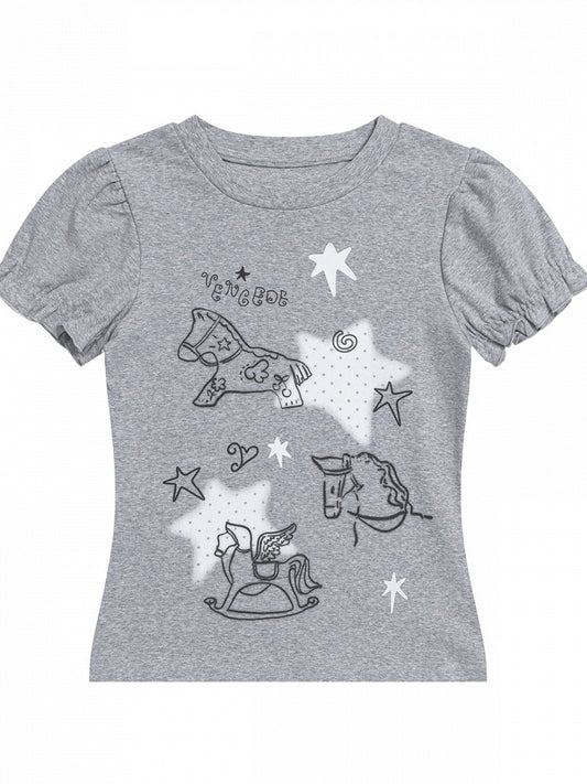 Gray Puff Sleeve Crew Neck Top with Rocking Horse Print - Languid Park
