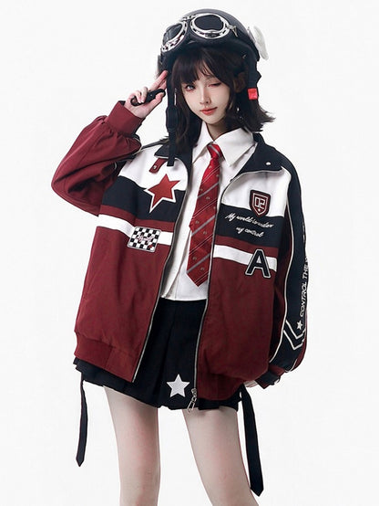 and Jacket with Red Embroidered Checked White Accents Moto Star