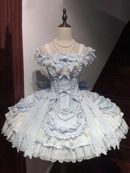 Princess Balletcore Bead Corset Bow Skirt Chains Lolita Jumper Blue Elegant and with Accents