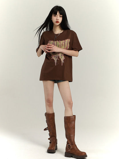 ダークグレー/ブラウン/ブラック/ホワイト バタフライプリント ヴィンテージ ルーズTシャツ