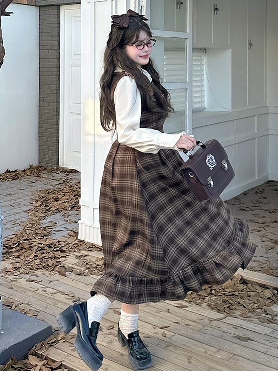 Plus Size Brown Peter Pan Collar Long Sleeves Plaid Flounce Hem Dress