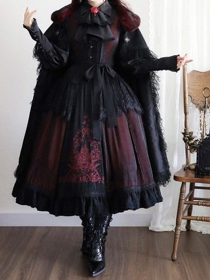 Neckline Embroidered Square Dress+Blouse+Cape+Brooch Set Red Lolita Black Gothic