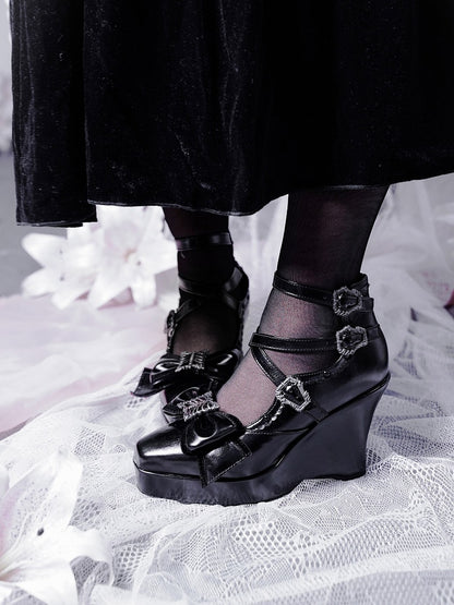 Elegant Gothic Lolita Black Shoes with Butterfly Bow & 10cm Slope Heel - sphenoid