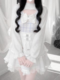 Landmine with Light Sweater Blue Mink Plaid Open-Front Accent Plush Bow Style