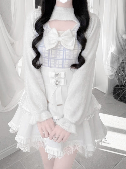 Landmine with Light Sweater Blue Mink Plaid Open-Front Accent Plush Bow Style