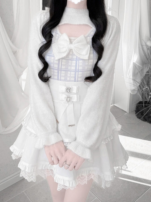 Landmine with Light Sweater Blue Mink Plaid Open-Front Accent Plush Bow Style