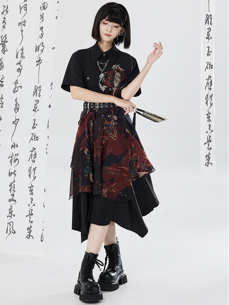 Asymmetrical Dragon Embroidery Long Dress - Qing Tang Original