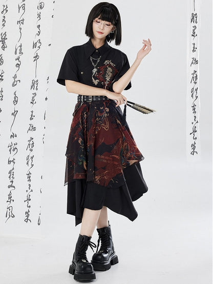 Asymmetrical Dragon Embroidery Long Dress - Qing Tang Original