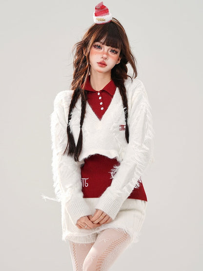 Vネックミニトップスクロップド丈+スカート+ホワイトニットホワイトセットセーターレッド