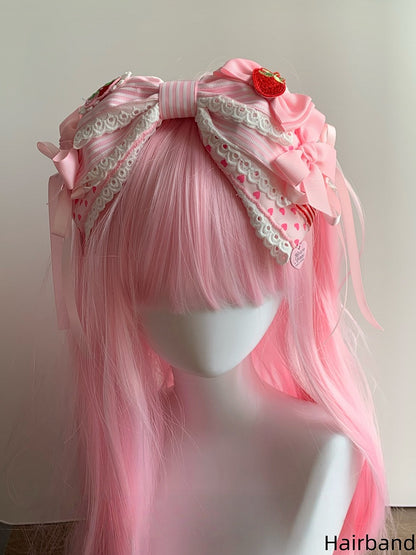 Sweet Theme Lolita / Hairband Striped Bowknot Strawberry Pink KC Oversized