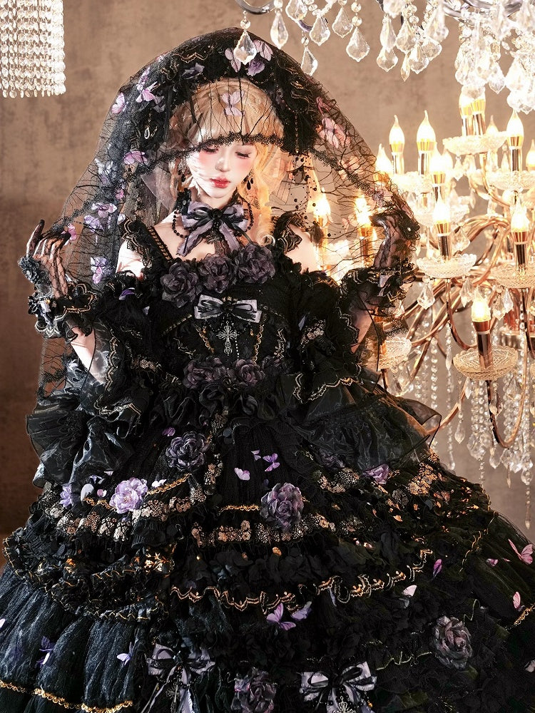 Ankle-Length Black & Purple Hanayome Hime Dress with Butterfly and Flower Accents - Cat Fairy Lolita
