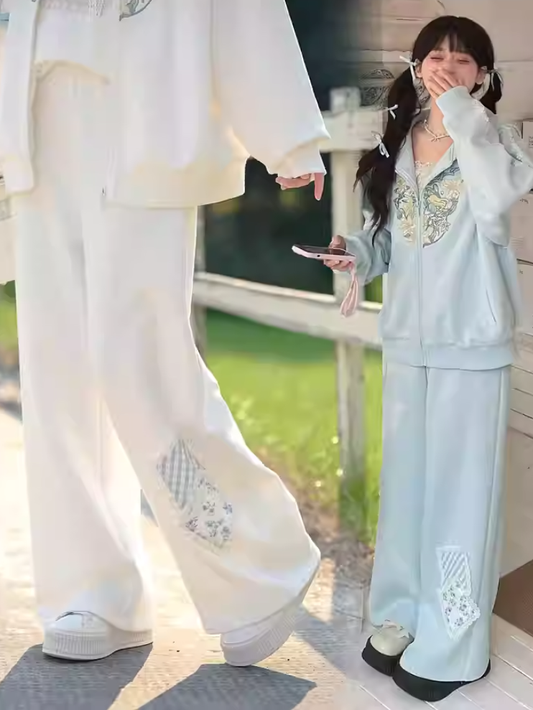 Blue/White Elastic Waist Floral Applique Wide-Leg Pants Regular/Short Version