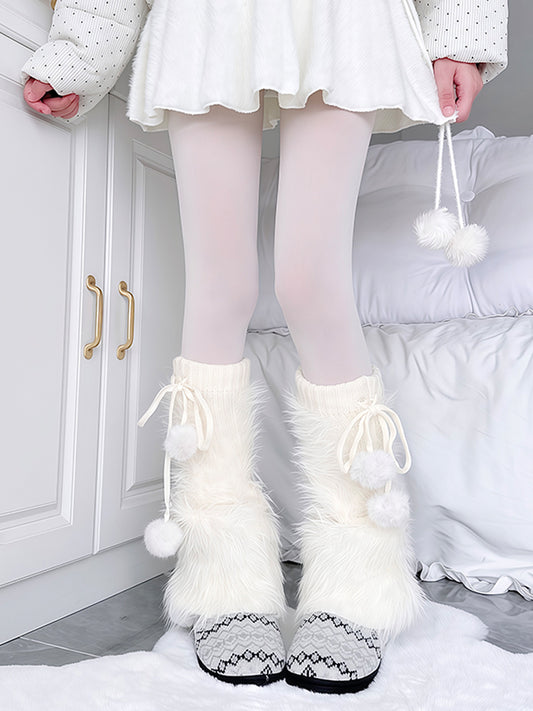 Off-White Plush Flared Leg Warmers with Pom-Pom Details