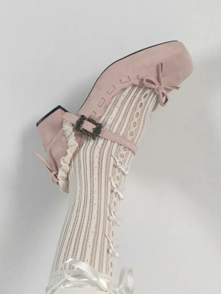 Mid - Toe Bow Lolita Pink Elegant for Square Heel Mary Janes Accent with