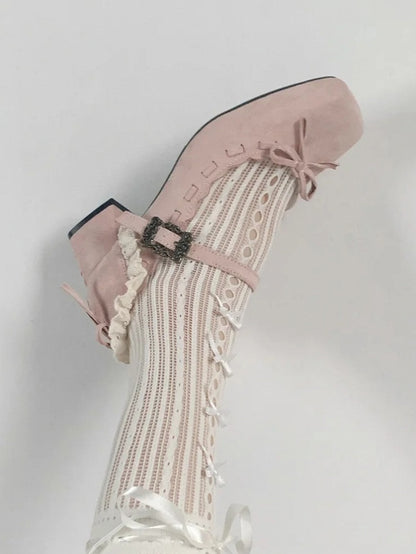 Mid - Toe Bow Lolita Pink Elegant for Square Heel Mary Janes Accent with