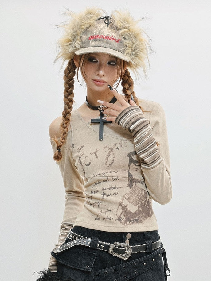Camel Cuffs Striped Asymmetrical Girl Top Long Print - Sleeve Letter Neckline Cartoon with