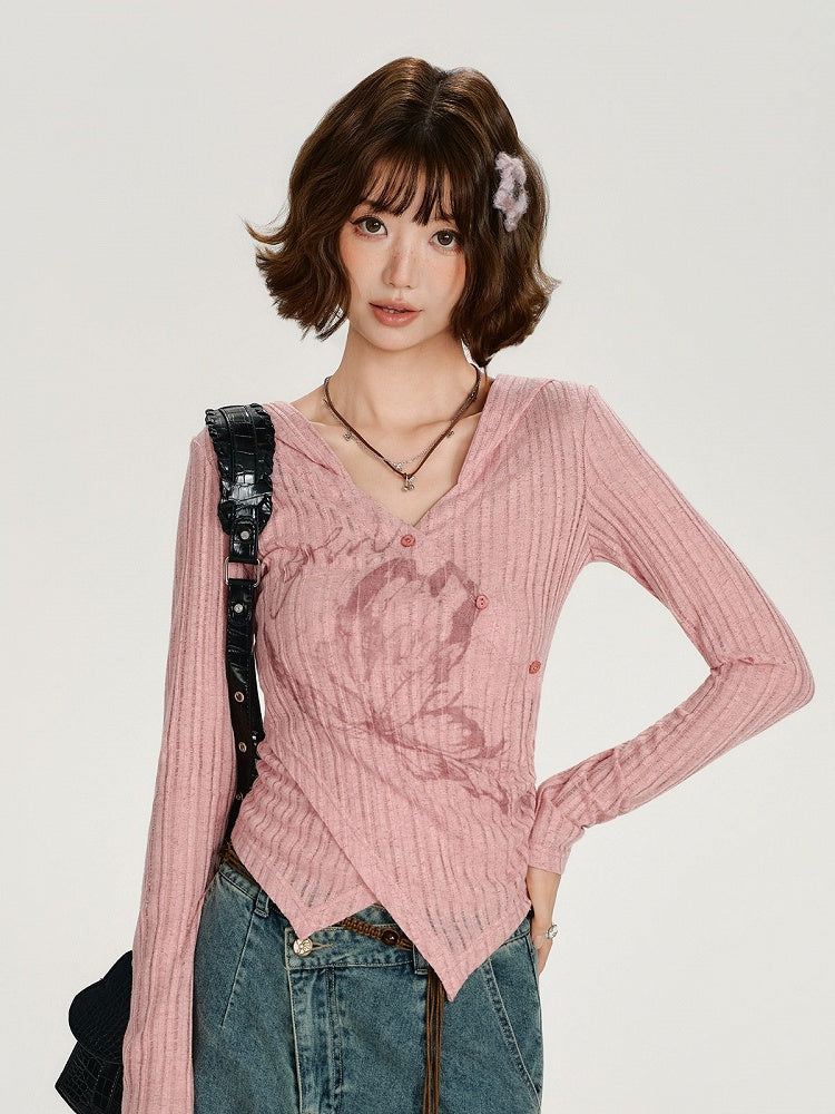 Printed Long Sleeve Hooded Top with Asymmetrical Hemline - Girlyhalo