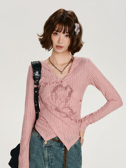 Printed Long Sleeve Hooded Top with Asymmetrical Hemline - Girlyhalo