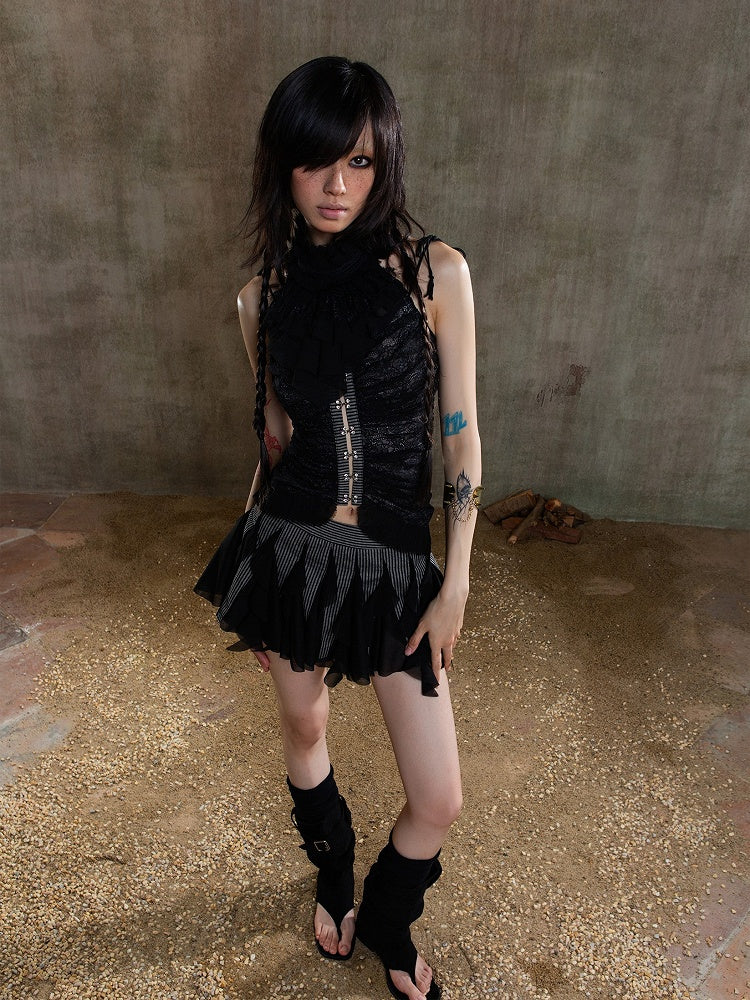 Vintage Gothic with Adjustable Tie Jabot Back Multi-Layer Lace Black