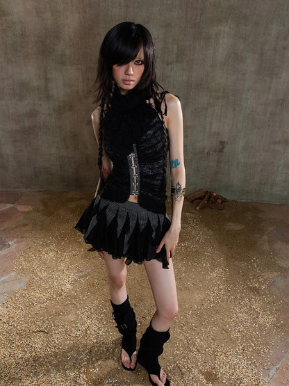 Vintage Gothic with Adjustable Tie Jabot Back Multi-Layer Lace Black