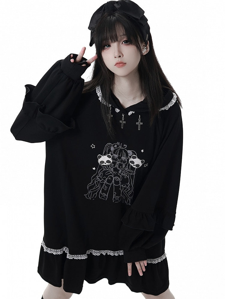 Cross Black Sweet-Grunge and Decoration Doll Metal with Dark Hoodie Dress Aesthetic Lace