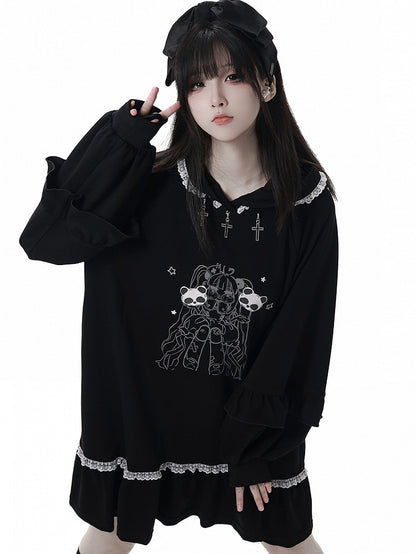 Cross Black Sweet-Grunge and Decoration Doll Metal with Dark Hoodie Dress Aesthetic Lace