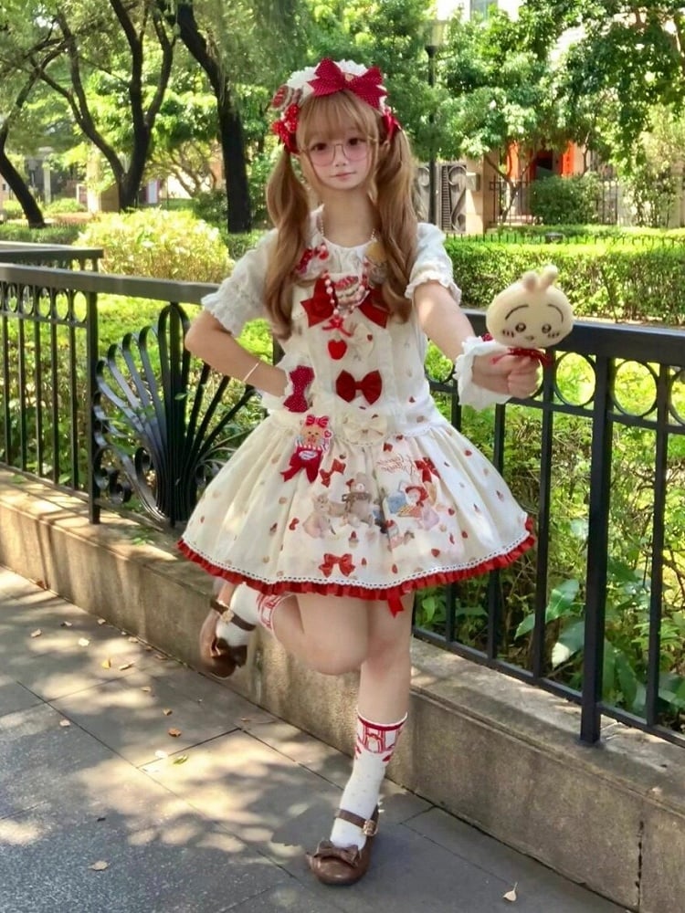 Beige Bear & Strawberry Print Adjustable-Strap Jumper Dress - Honey Village