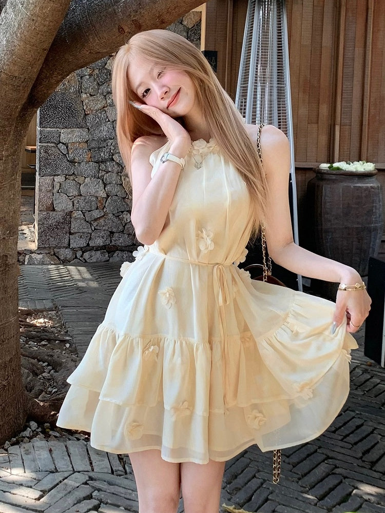 Milk Yellow Halter Dress with Floral Accents - Qchiwawameme