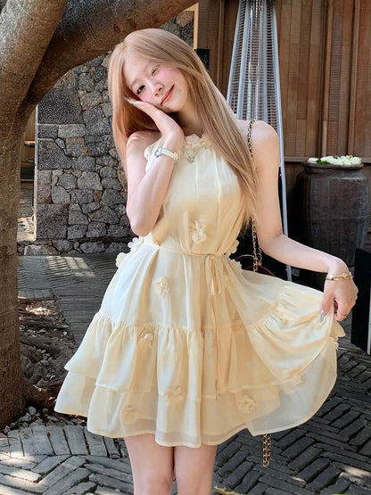 Milk Yellow Halter Dress with Floral Accents - Qchiwawameme