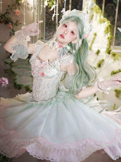 Set Green KC Sleeves Choker Lolita Full Skirt Bow Corset Top Detachable Decorated and Sweet Lace +