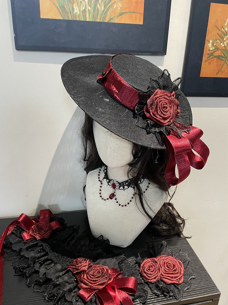 Rose Accessory Set: Hat, Hairband, Choker, Brooch, Multiple Colors - Sheer Ocean