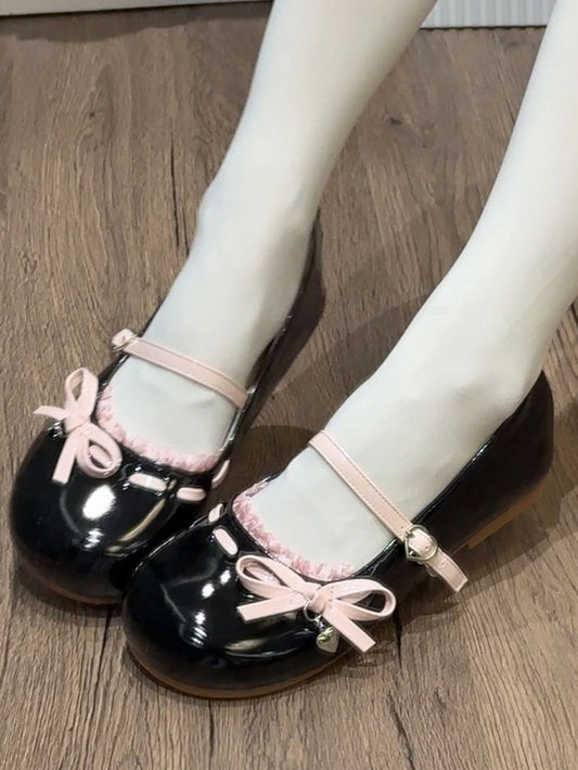 Trim Janes Bow Round Lace Knotted Mary Black Toe Flat Accents Pink