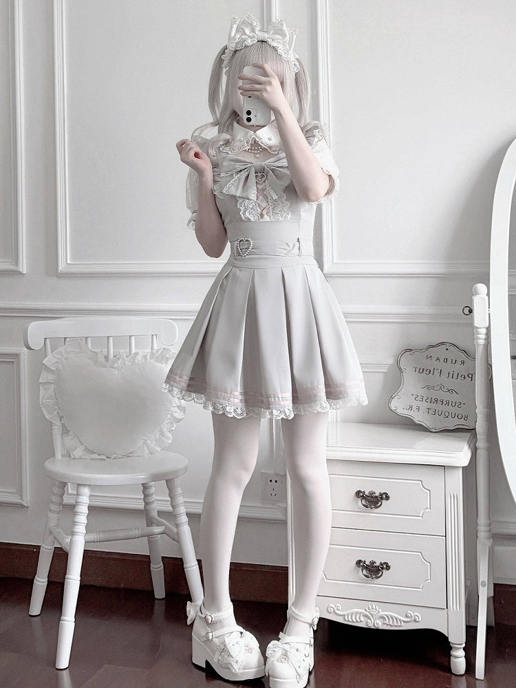 Landmine Style Gray & Pink Short Sleeve Box-Pleated Dress with Lace and Bow Details - Virtual Paradise