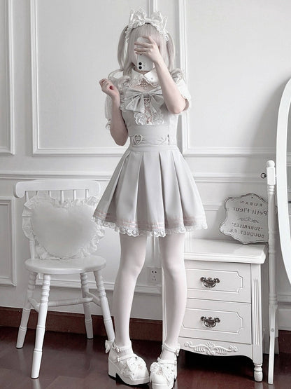 Landmine Style Gray & Pink Short Sleeve Box-Pleated Dress with Lace and Bow Details - Virtual Paradise