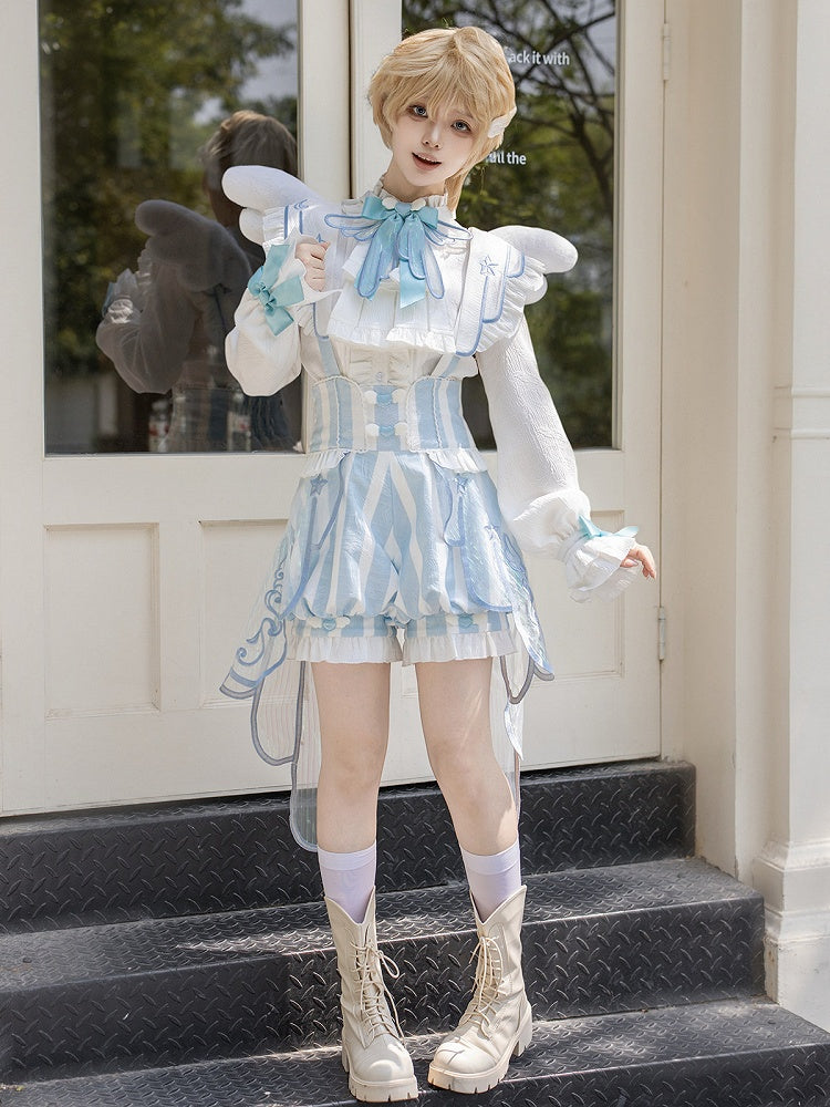 White & Blue Long Sleeves Ouji Style Lolita Shirt + Striped Lolita Suspender Bloomer Shorts with Angel Wing Train Set - Unknown Star