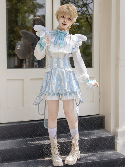 White & Blue Long Sleeves Ouji Style Lolita Shirt + Striped Lolita Suspender Bloomer Shorts with Angel Wing Train Set - Unknown Star