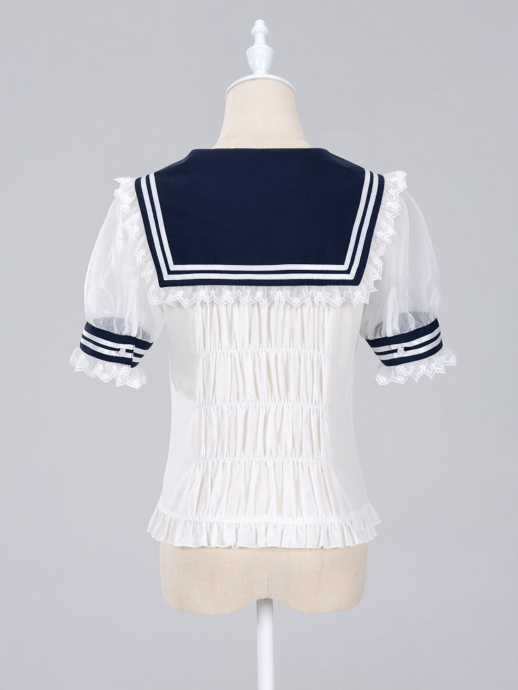 Summer Sailor Collar Short Sleeves Blouse with Red Bowtie - Jirai Kei Snow White Vibes - DevilInspired Exclusive Collection
