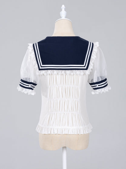 Summer Sailor Collar Short Sleeves Blouse with Red Bowtie - Jirai Kei Snow White Vibes - DevilInspired Exclusive Collection