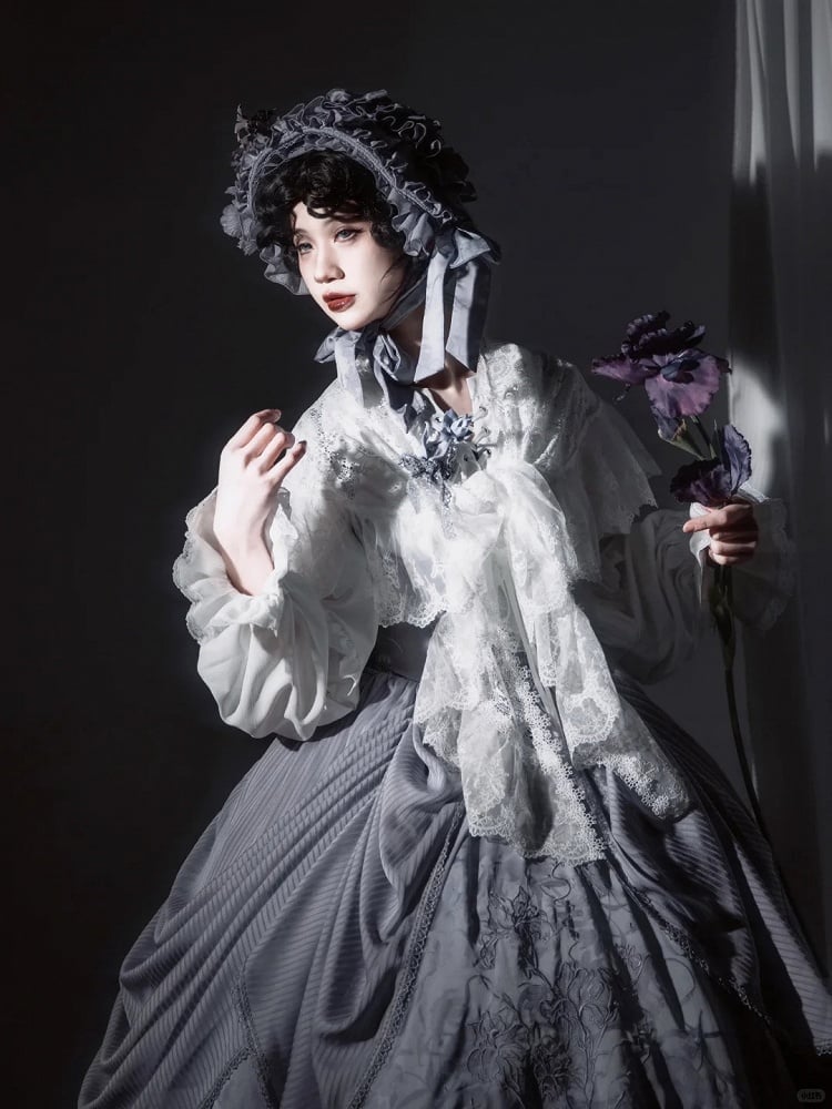 with Long Front Lace-Up Blouse Sleeves White Ruffled