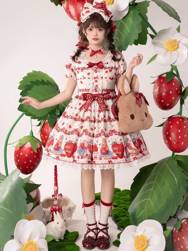 Frühlings-Erdbeer- und Kaninchen-Print, Spitzenbesatz, Schleife, Akzente, Beige, süßes Lolita-Kleid, einteilig