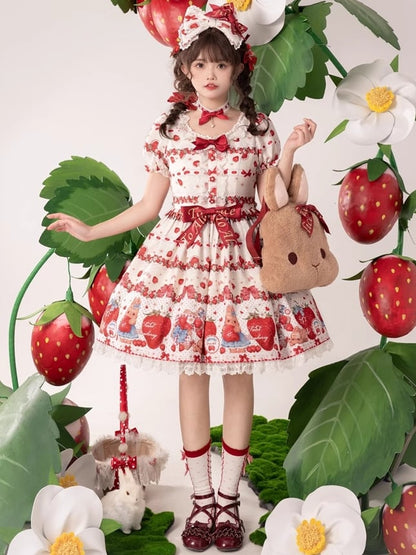 Frühlings-Erdbeer- und Kaninchen-Print, Spitzenbesatz, Schleife, Akzente, Beige, süßes Lolita-Kleid, einteilig