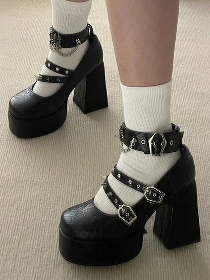 High with Black Metal Studs Goth Block Shoes Heel