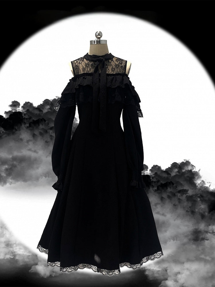 Dress Shoulder Kei with Jacquard Long-Sleeve Rose and Lace Cutout Ruffled Black Jirai Bow