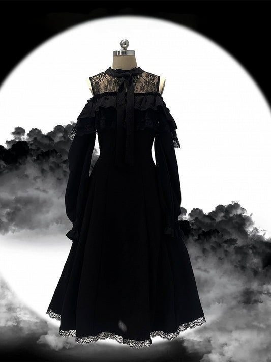 Dress Shoulder Kei with Jacquard Long-Sleeve Rose and Lace Cutout Ruffled Black Jirai Bow