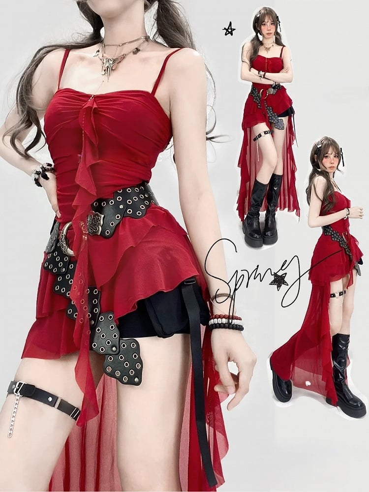 Vintage Red Asymmetrical Ruffled Hem High-low Glamorous Cami Dress