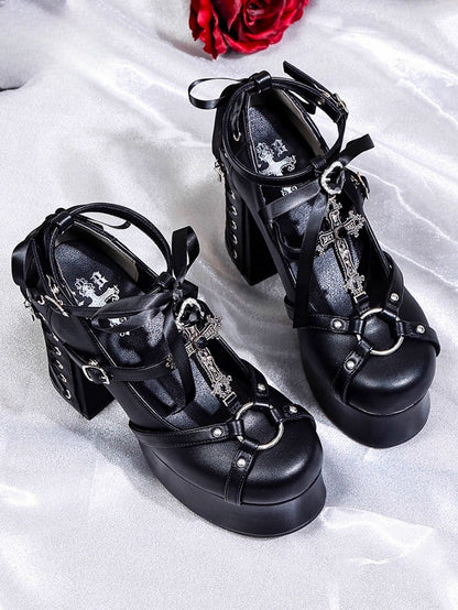 Lace-Up - Platform Heart Detachable Back with Rhinestone Black at Gothic Janes Charm Cross Bow Mary