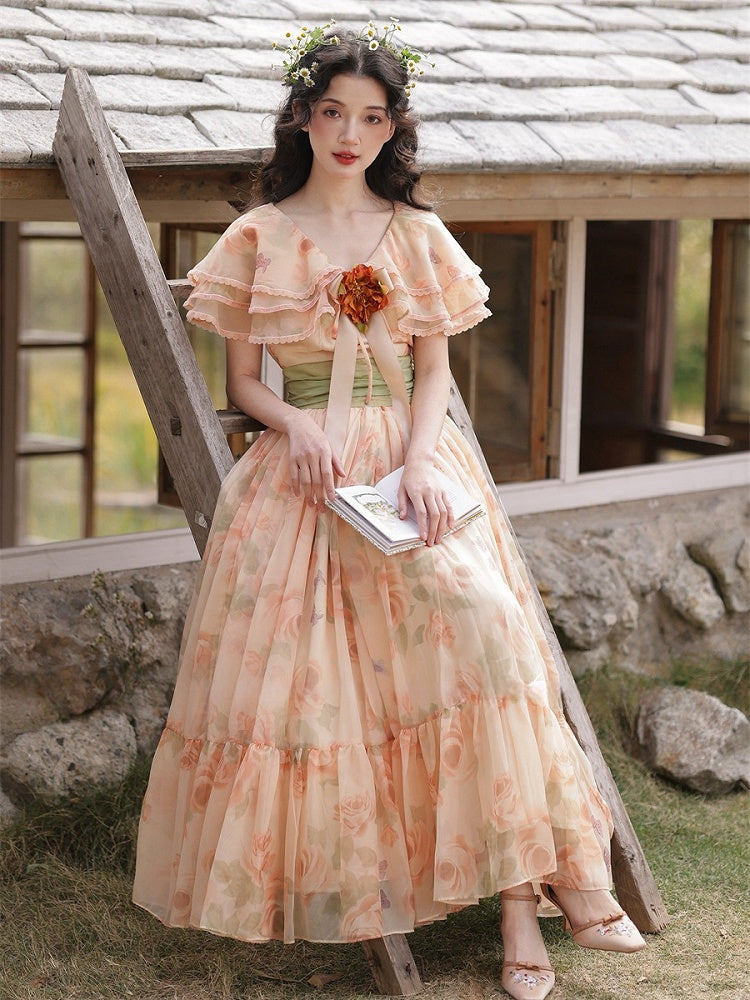 Orange Pink Vintage Floral Print Tiered Shawl Collar Dress