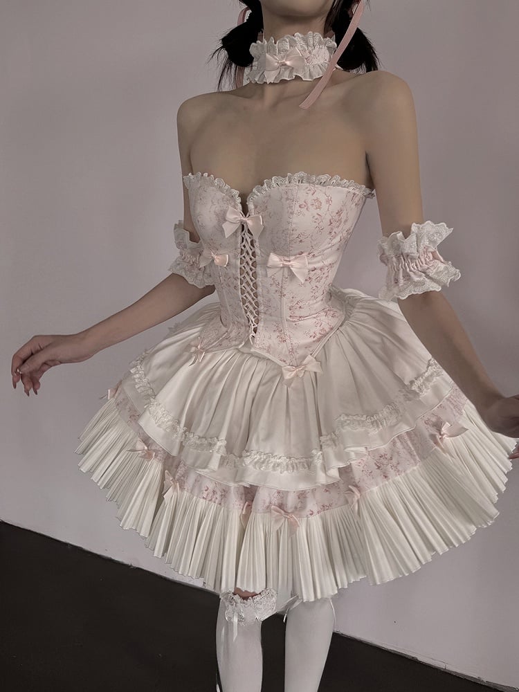 White Skirt Floral-Print Rings + Pink Full KC Top Set Corset Arm Choker