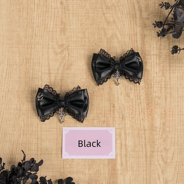 Charm with Cross Jirai / White Black Leather Lace Bow Hairclip Kei